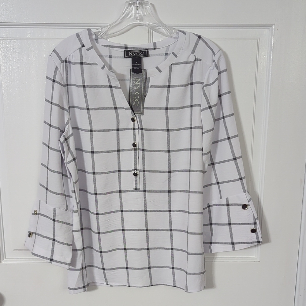 New York Clothing Company Women's White and Black Checkered Top (Size Medium)